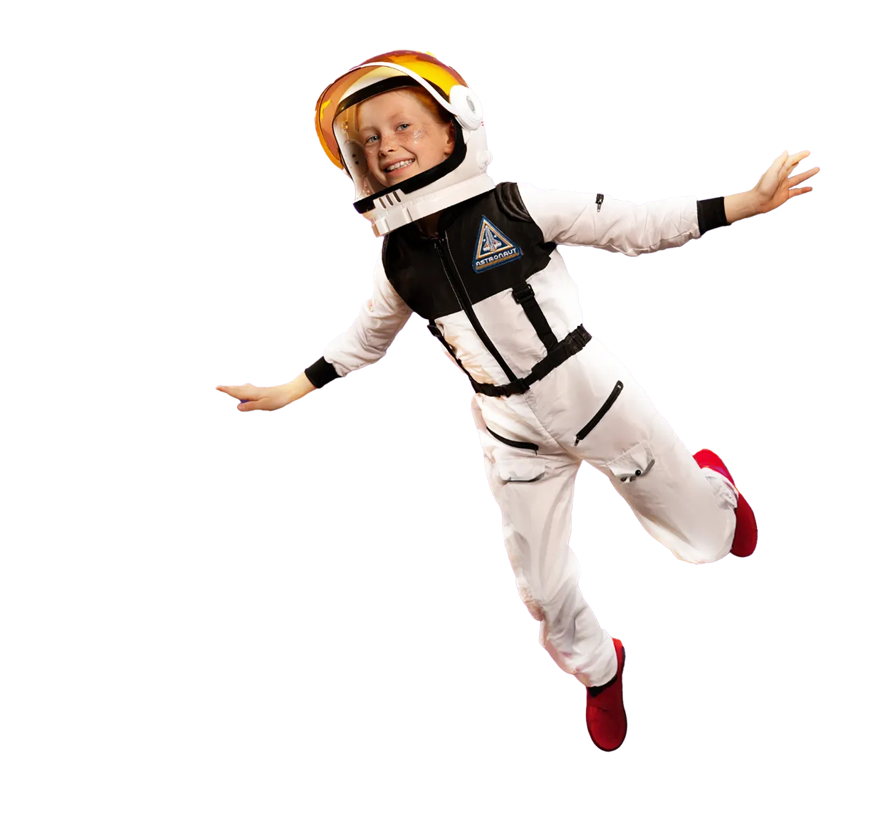 A floating astronaut in a space suit